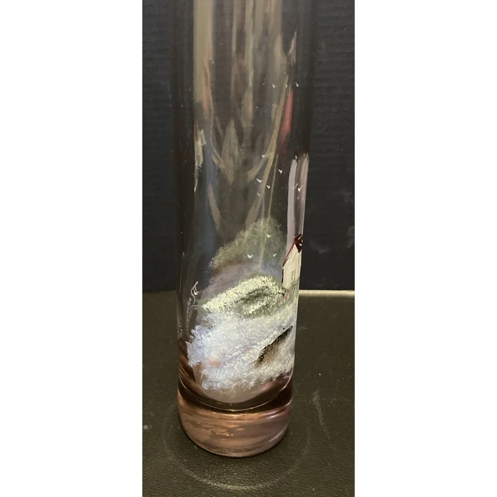 Hand Painted Lighthouse Ocean Signed Glass Bud Vase Nautical Beach 7.5